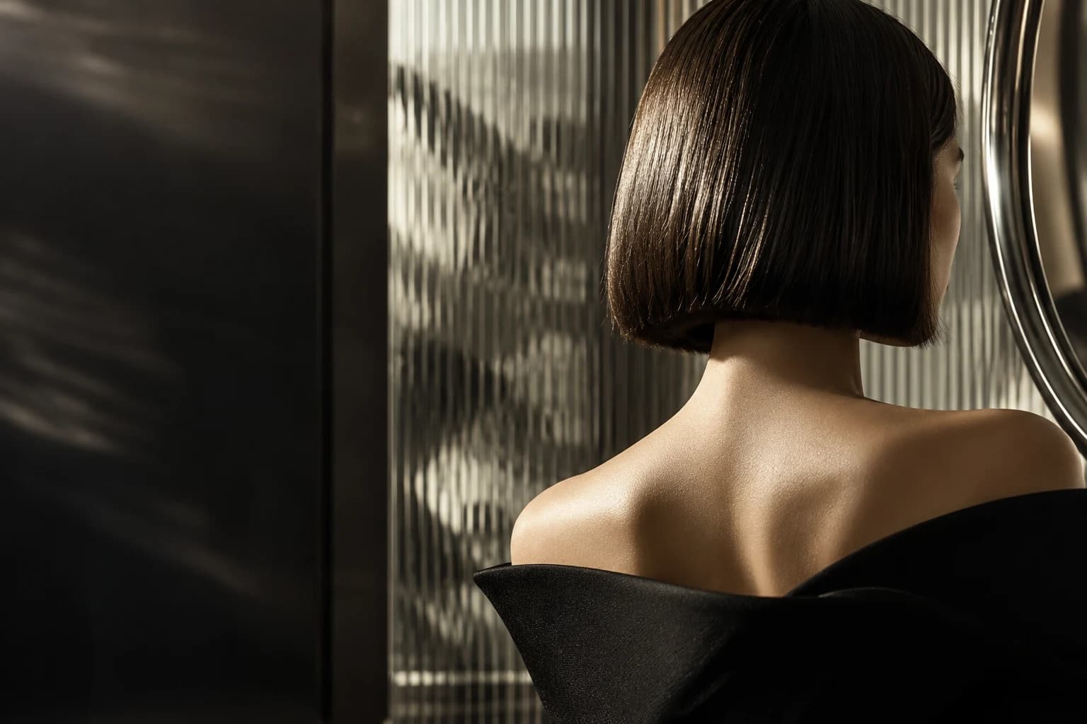 Retrato editorial de un corte de cabello escultórico frente a cristal y reflejos de plata.